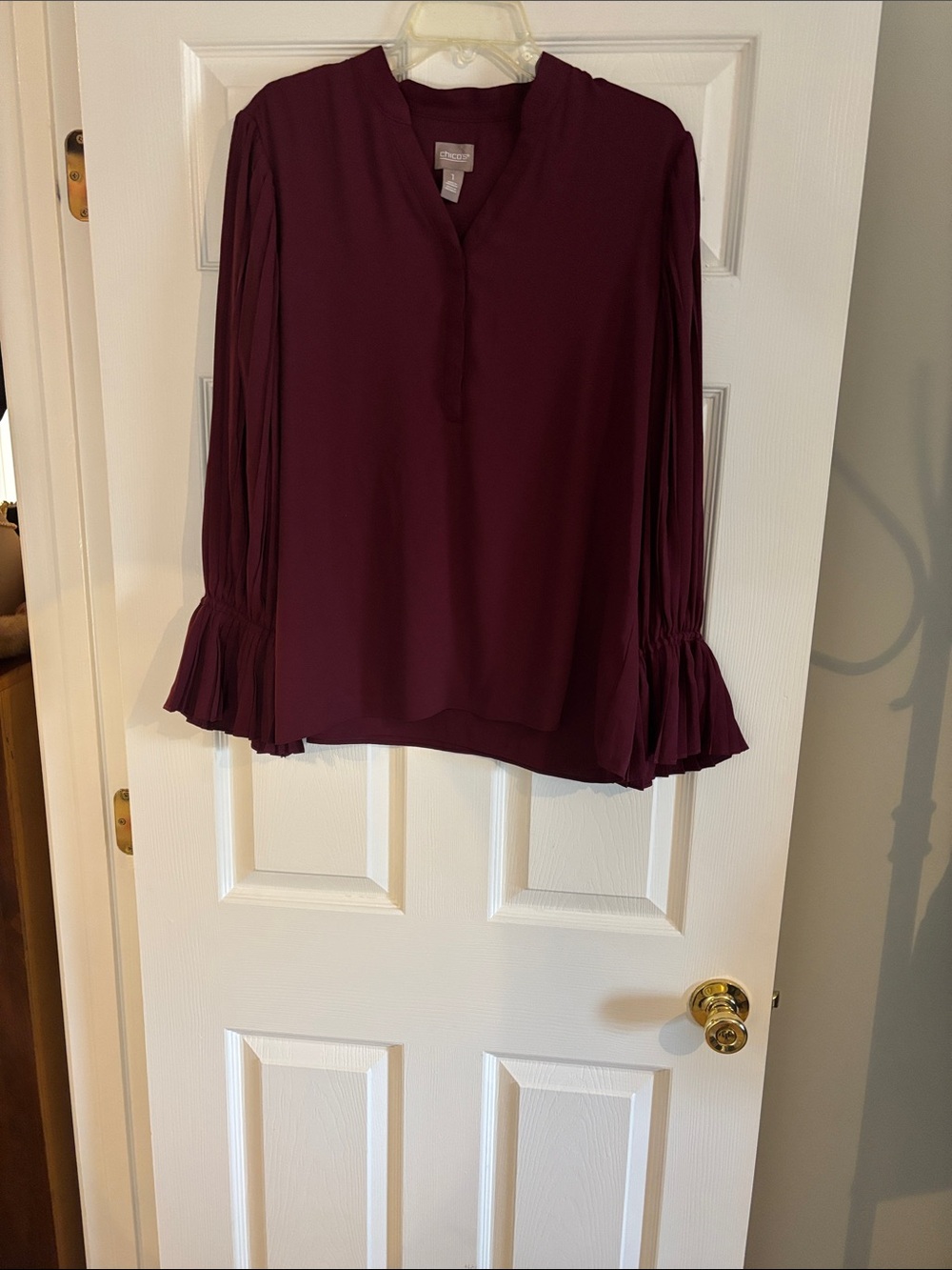 Chico’s Women's Long-Sleeve Pleated Cuff Blouse - Burgundy Size 1/Medium